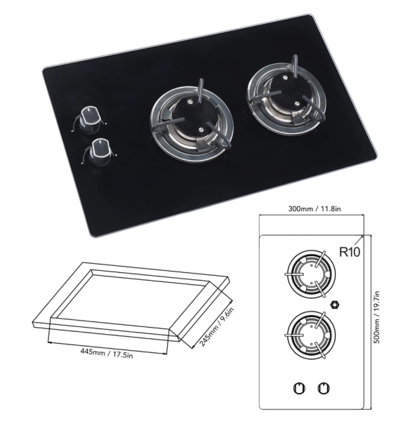 Газовая варочная панель GR-B004, двухконфорочная, 500х300 мм